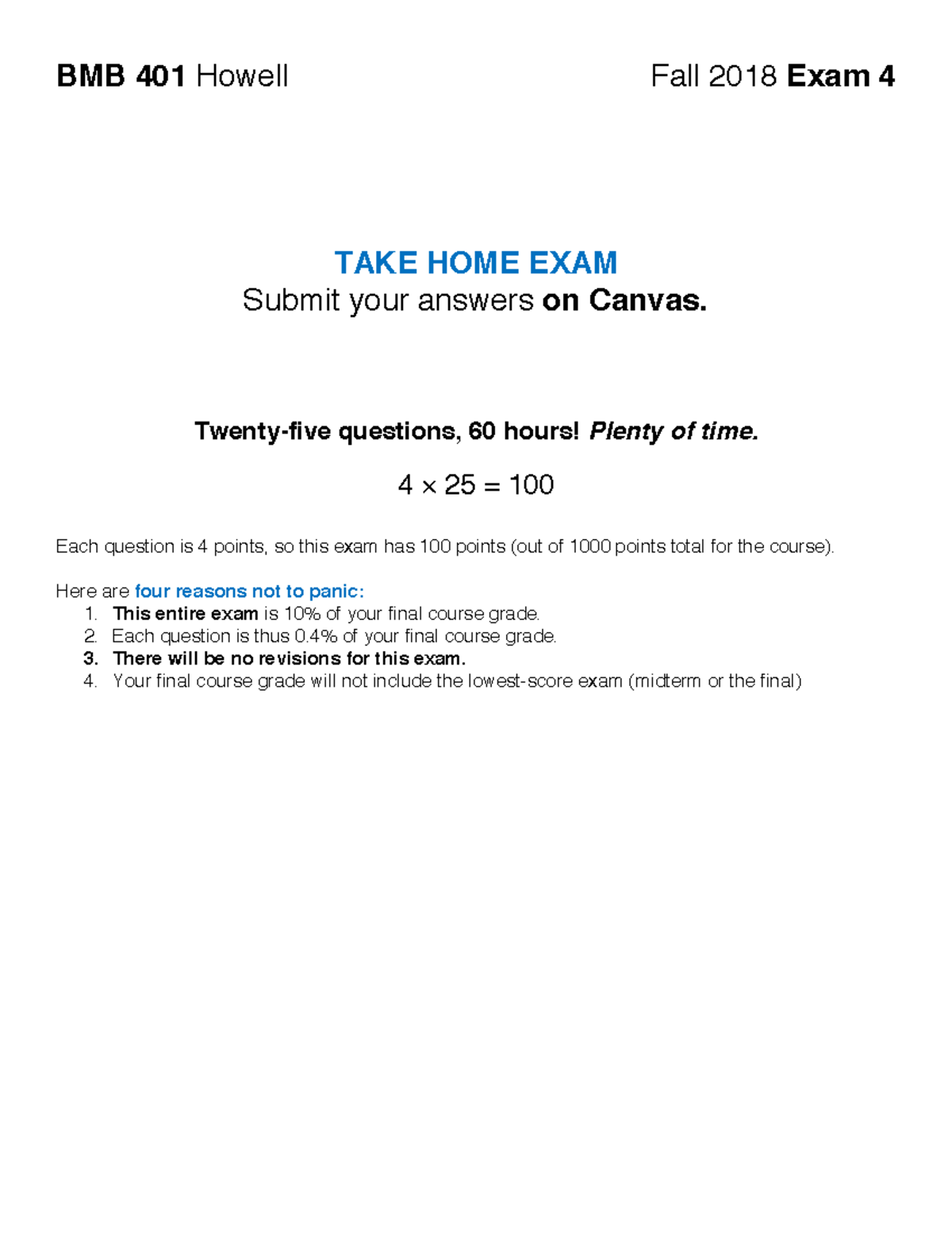 EXAM4 handout - exam - BMB 401 Howell Fall 2018 Exam 4 TAKE HOME EXAM ...