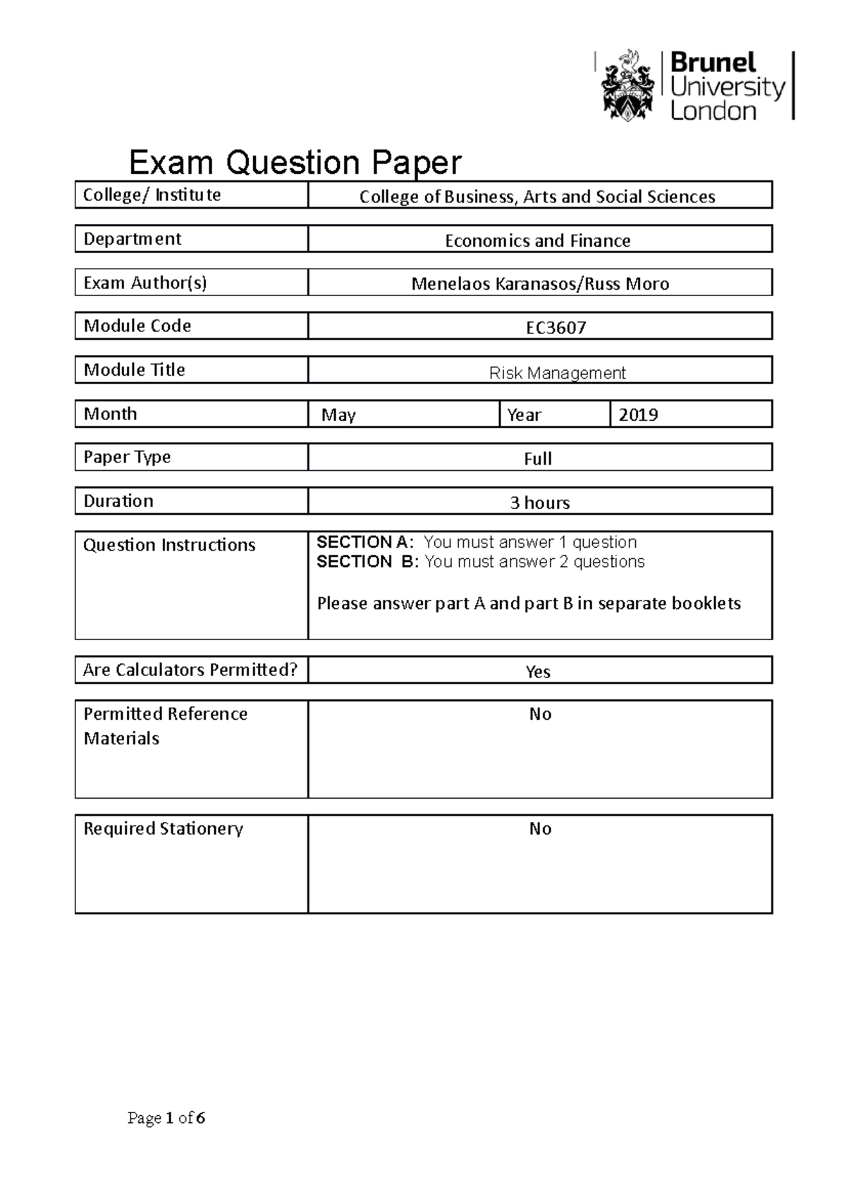 Exam May 2019 - Exam Question Paper College/ Institute College of ...