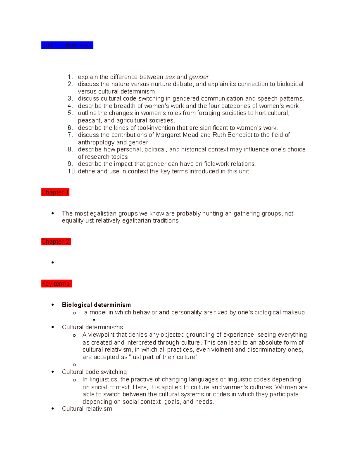 Anth 375 Unit 1 Course Notes Unit 1 Objectives Explain The Difference Between Sex And