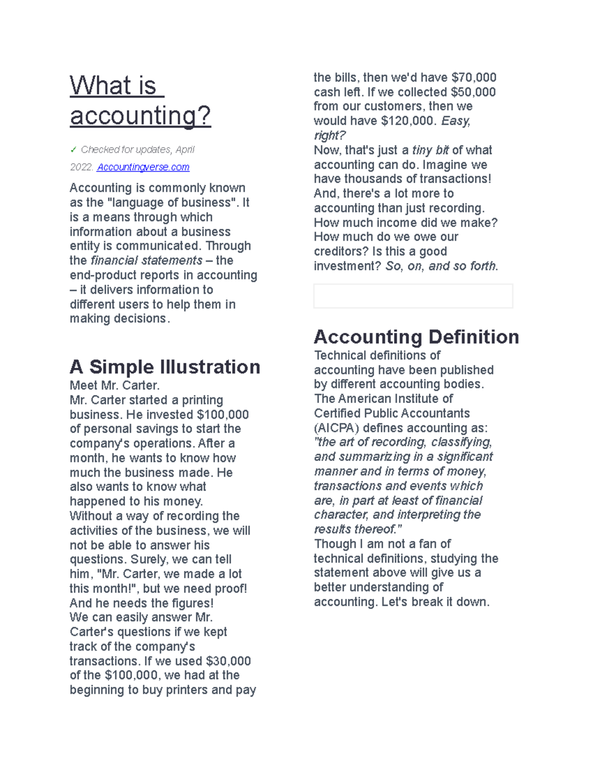 INTRODUCTION TO ACCOUNTING What is accounting? Checked for updates