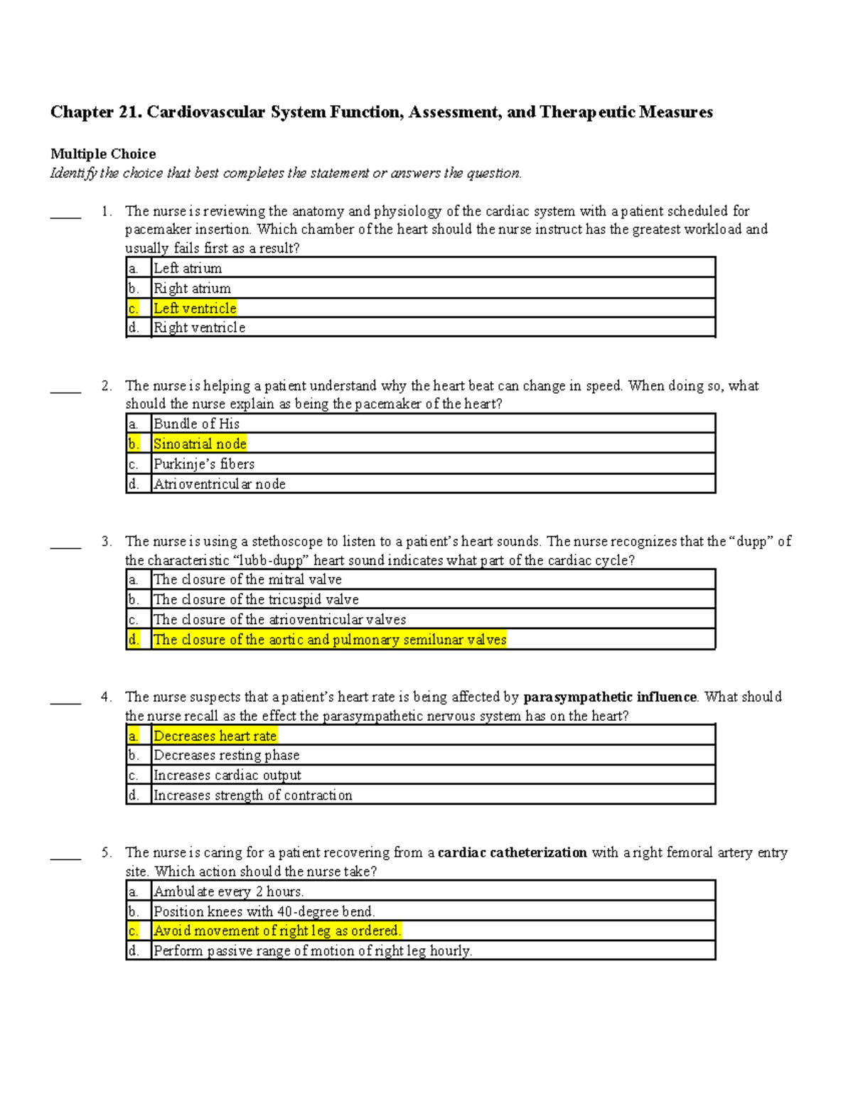 Medical Surgical Nursing Chapter 21 Cardiovascular System Function ...