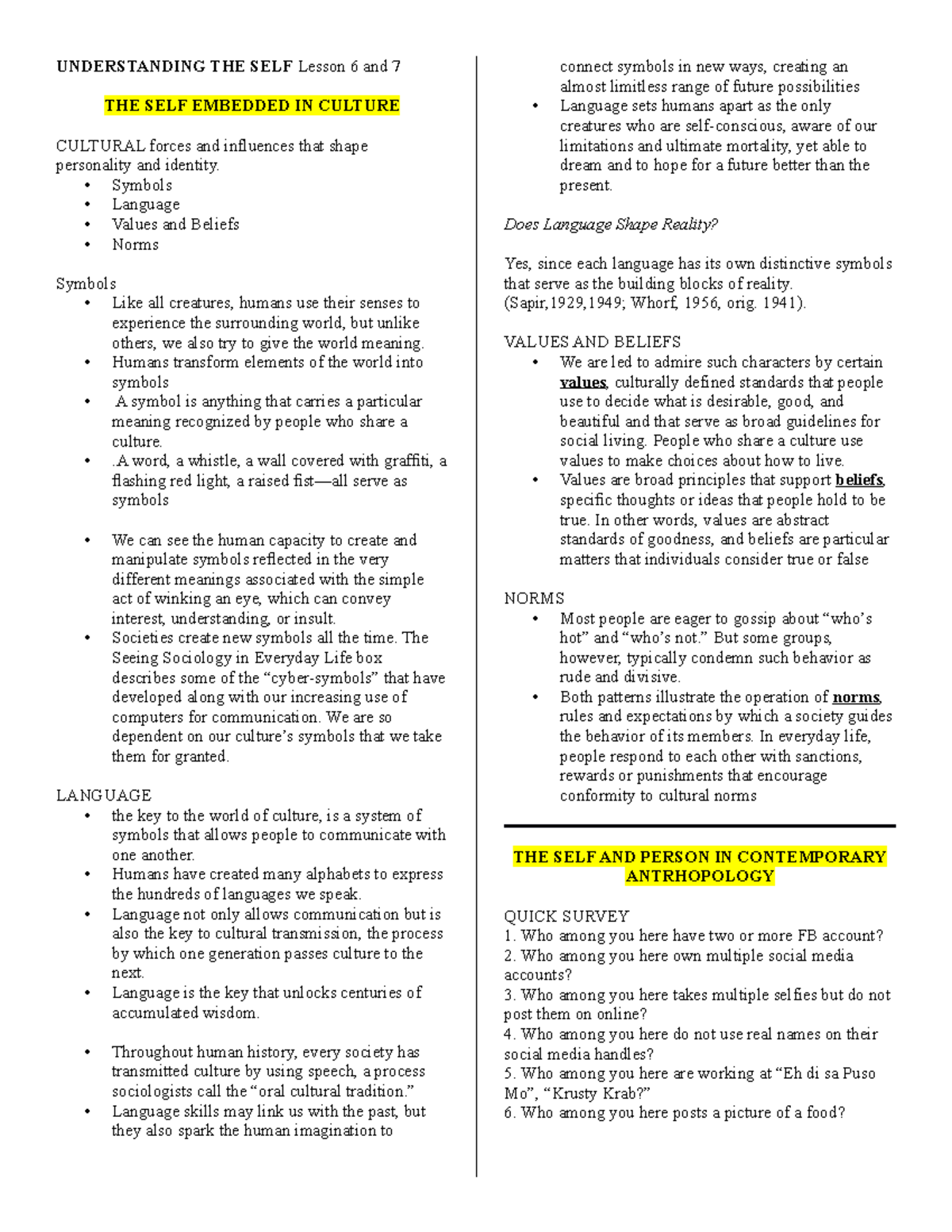 UTS - Lesson 6 And 7 Notes - UNDERSTANDING THE SELF Lesson 6 And 7 THE ...