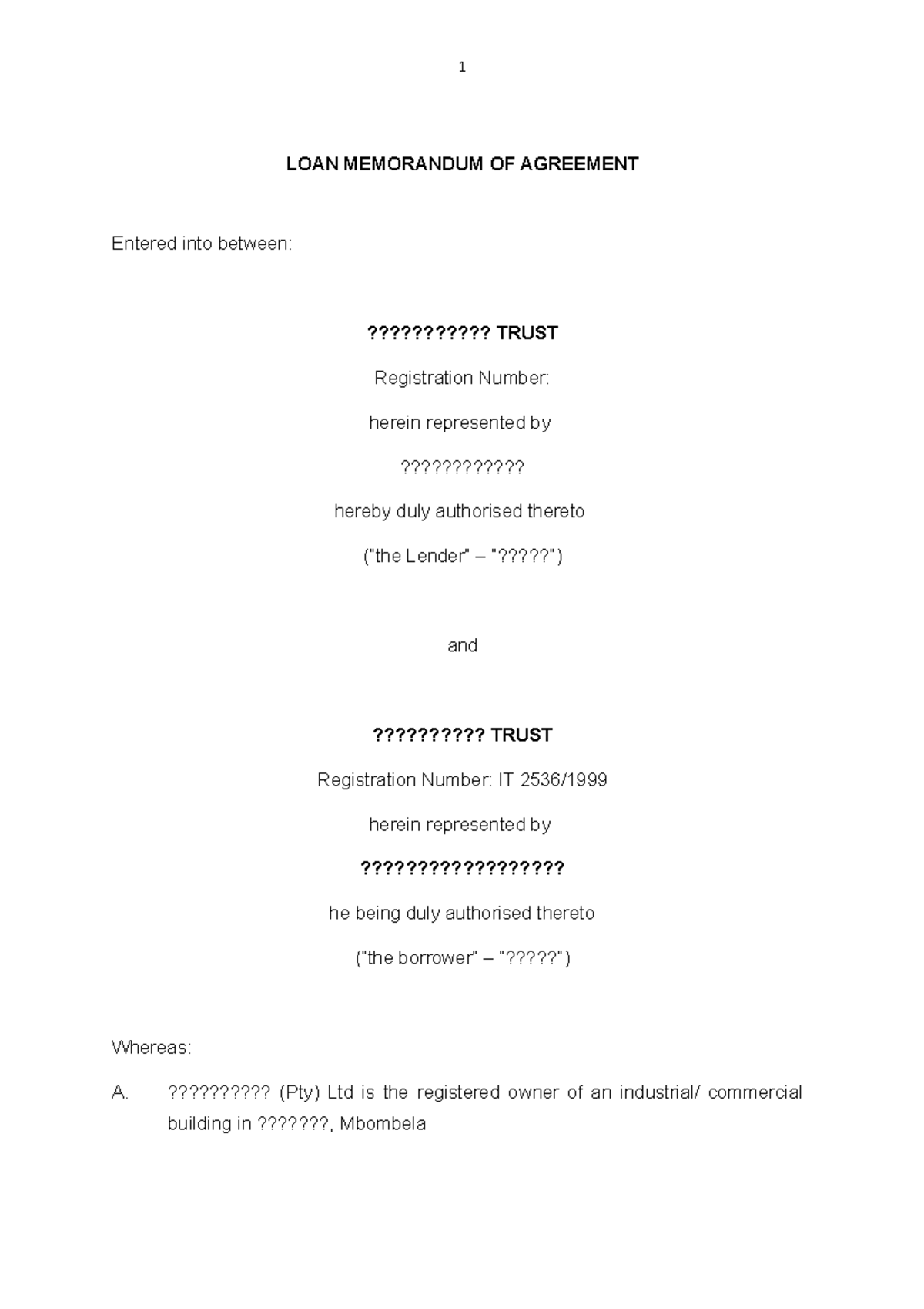 LOAN Memorandum OF Agreement 2 LOAN MEMORANDUM OF AGREEMENT Entered 