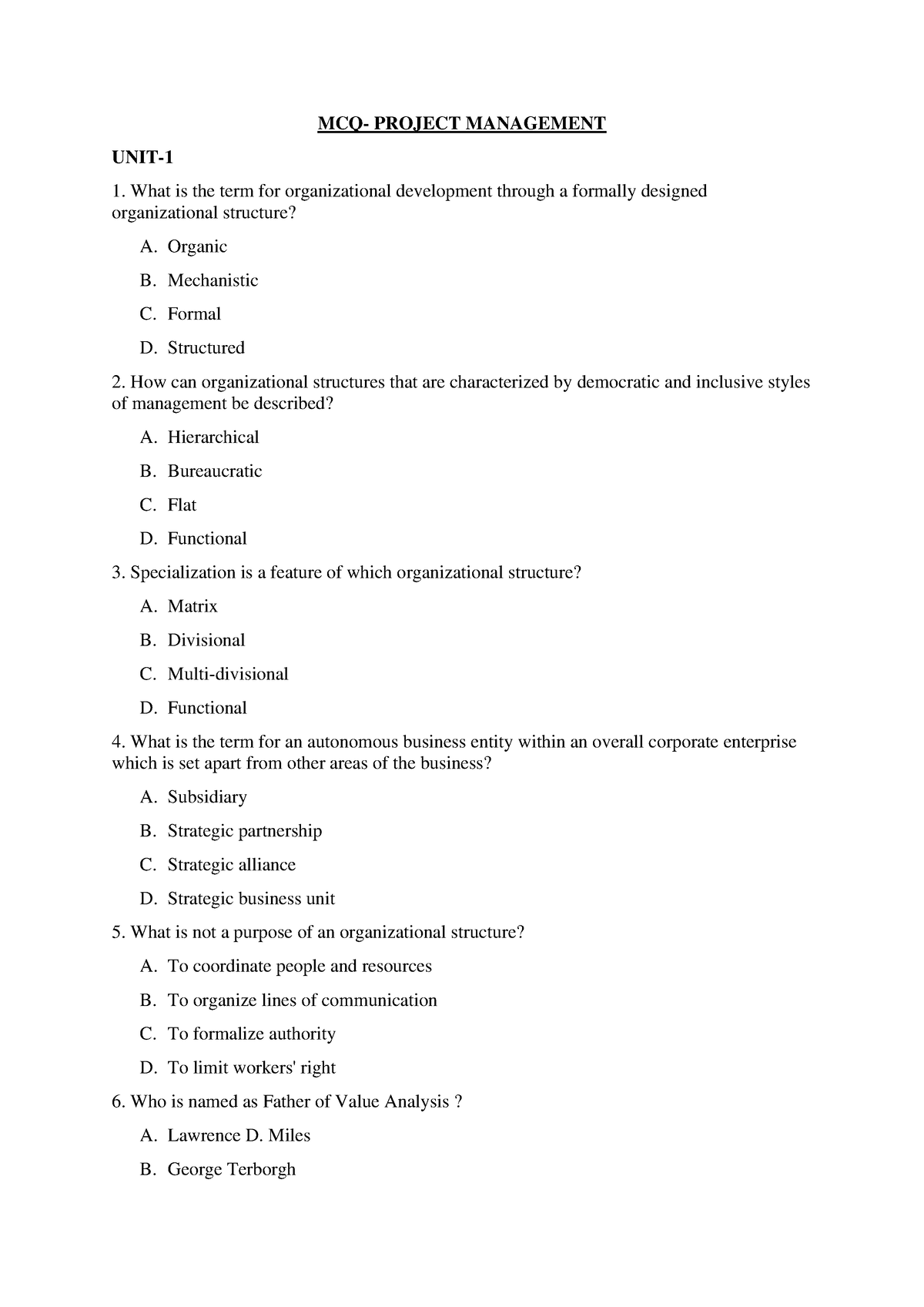 60 MCQ- PM - MCQ- PROJECT MANAGEMENT UNIT- 1 What Is The Term For ...