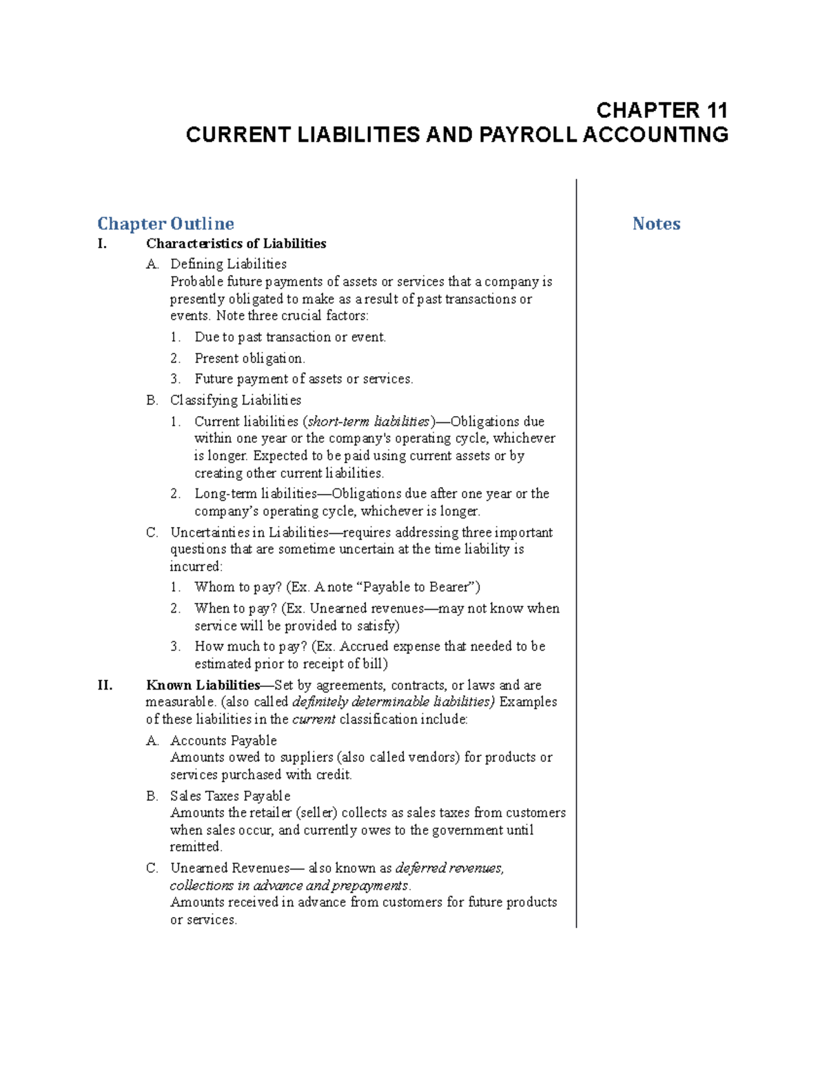 Chapter 11 - Chapter Outline - CHAPTER 11 CURRENT LIABILITIES AND ...