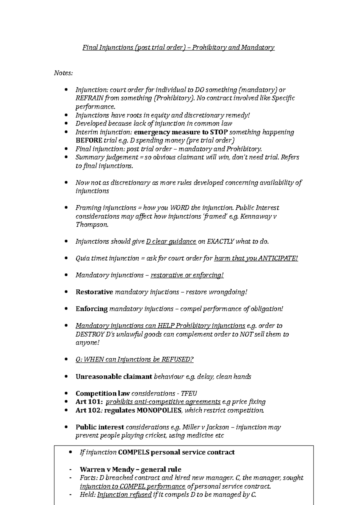 Summary - Injunctions - Final Injunctions (post trial order ...