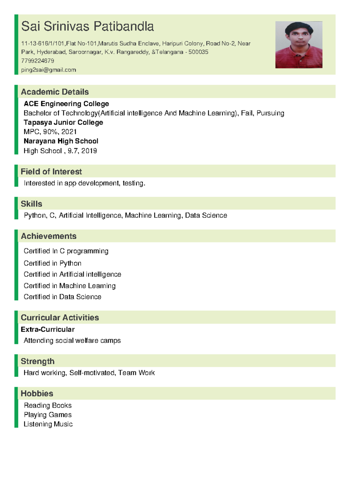 MY CV - I ama student from ACE Engineering College - Sai Srinivas ...