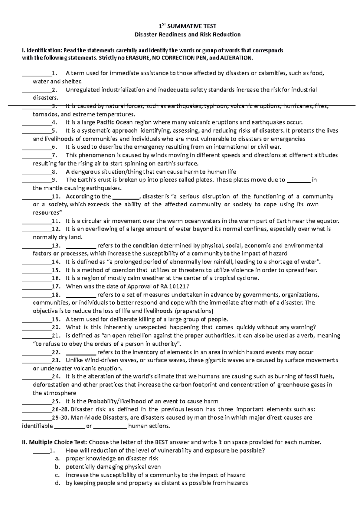 Drrr - summative test - 1 ST SUMMATIVE TEST Disaster Readiness and Risk ...