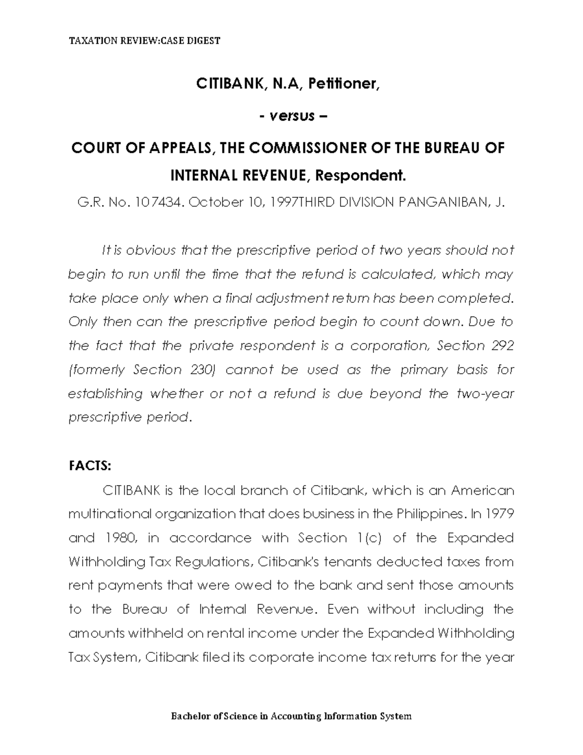 Taxation International TAX LAW Cases 9 CITIBANK, N, Petitioner