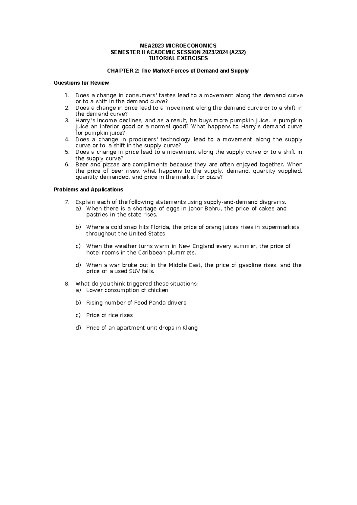 A232 Tutorial Exercise Chapter 2 Demand and Supply - MEA2023 ...