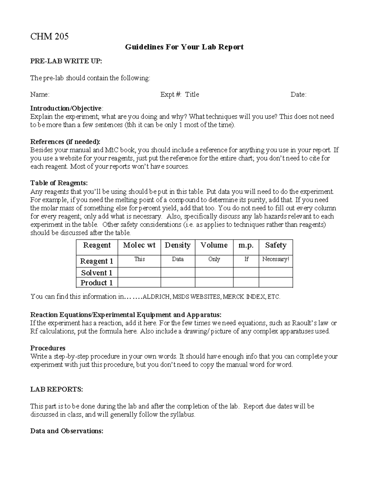 CHM205 Report Guidelines CHM 205 Guidelines For Your Lab Report PRE