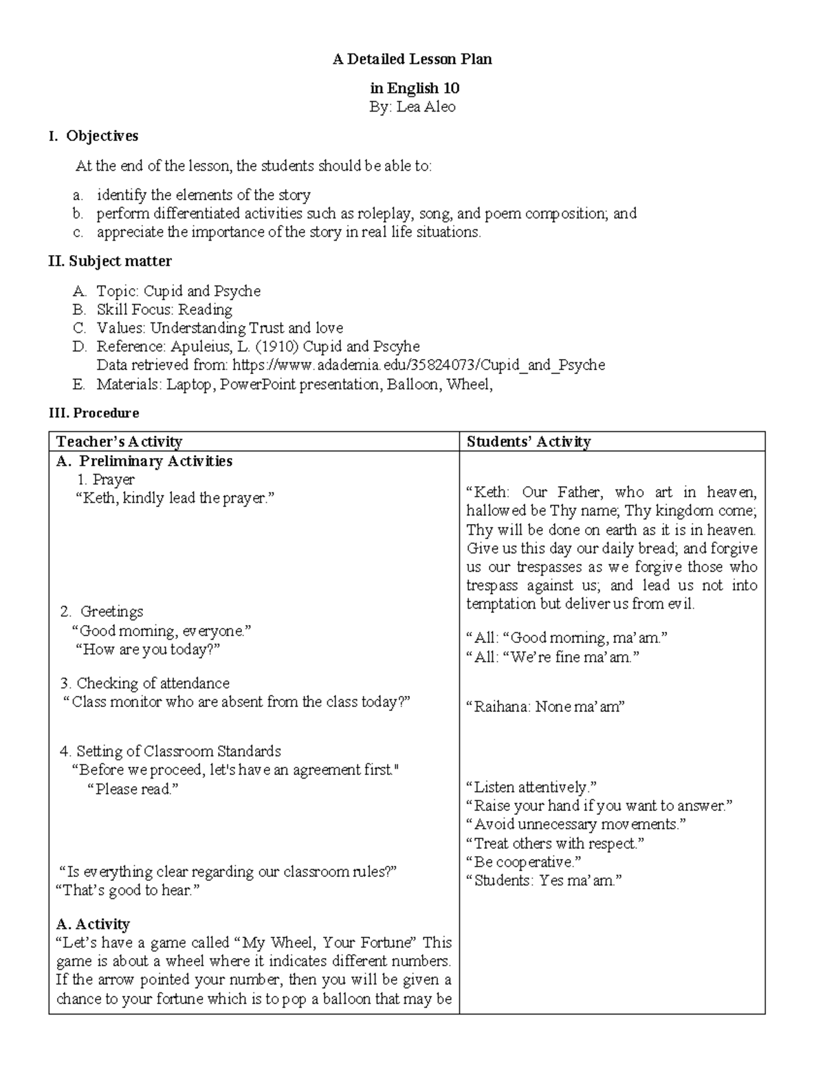 Cupid AND Psyche - LESSON PLAN - A Detailed Lesson Plan in English 10 ...