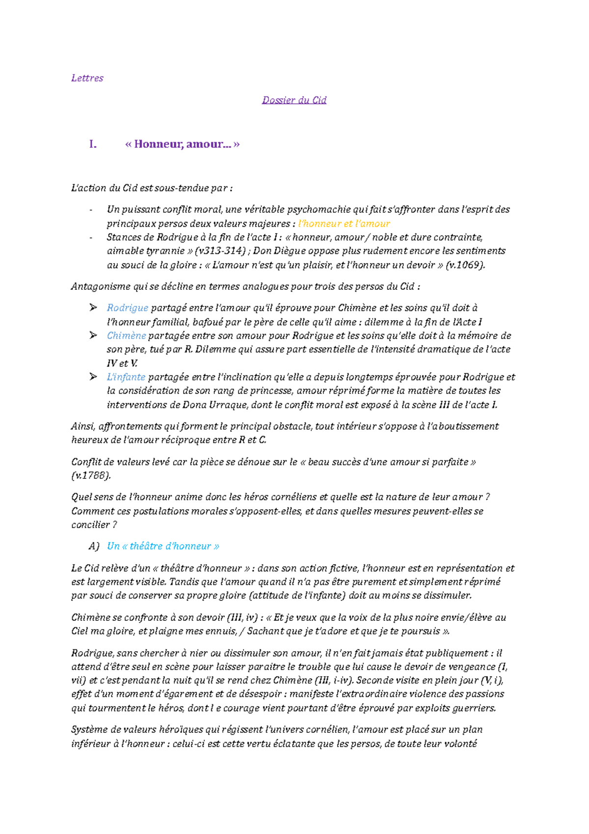Fiche Le Cid dossier - Lettres Dossier du Cid I. « Honneur, amour ...
