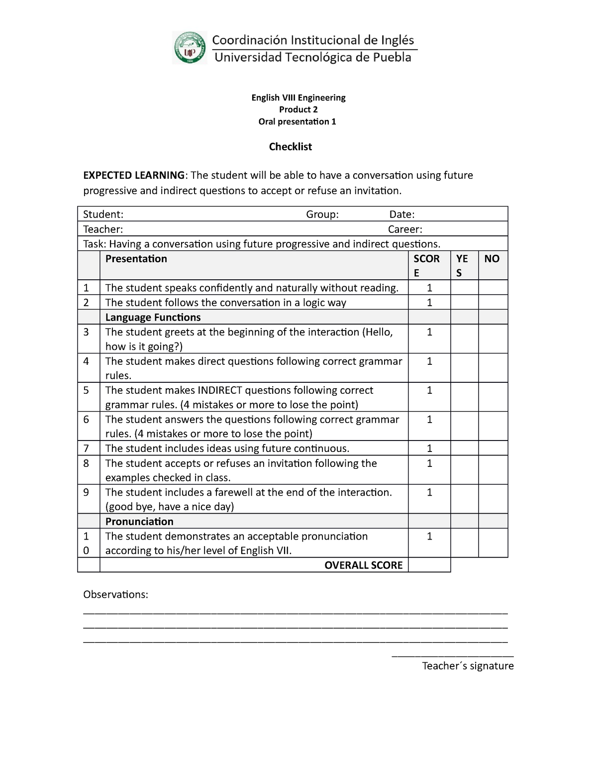 English VII Product 1 - Check list - English VIII Engineering Product 2 ...