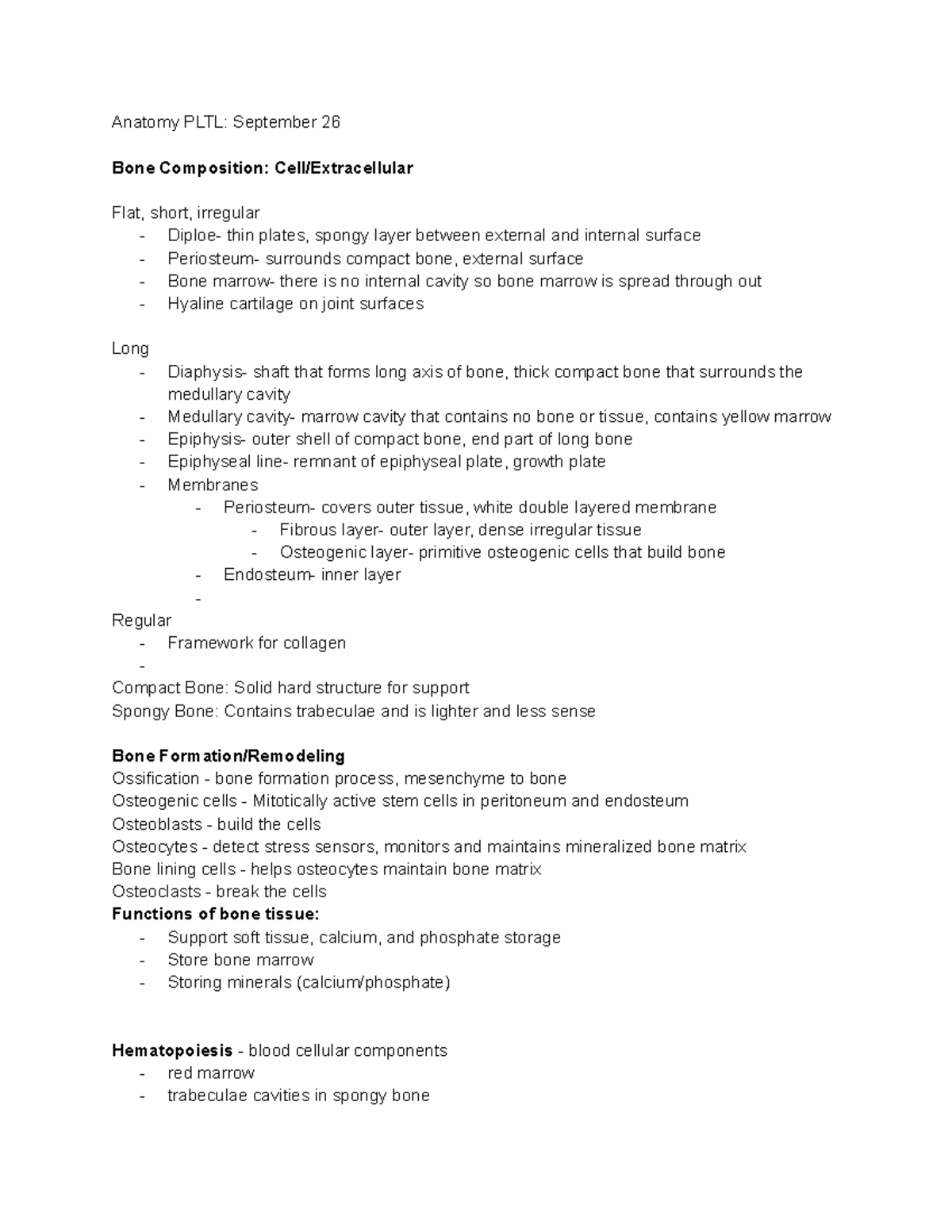 Anatomy PLTL 9 26 - Notes i took during PLTL - Anatomy PLTL: September ...