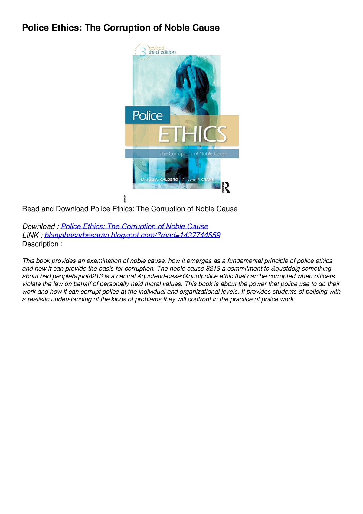 Get [PDF] Download Police Ethics: The Corruption Of Noble Cause Kindle ...