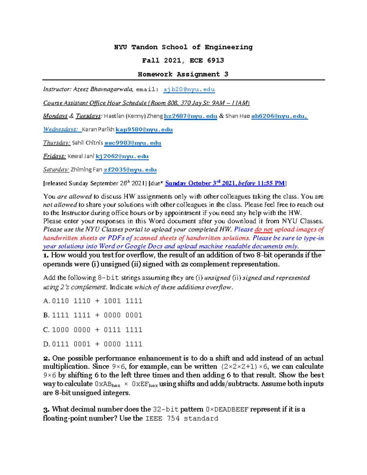 HW 3 ECE 6913 for computer systems and architecture NYU Tandon School