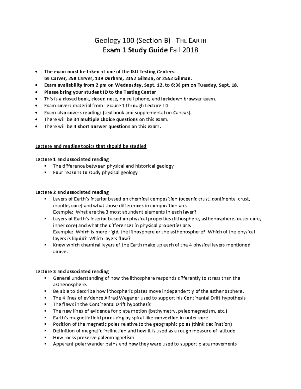 Exam 1 Study Guide F18 - Geology 100 (Section B) THE EARTH Exam 1 Study ...