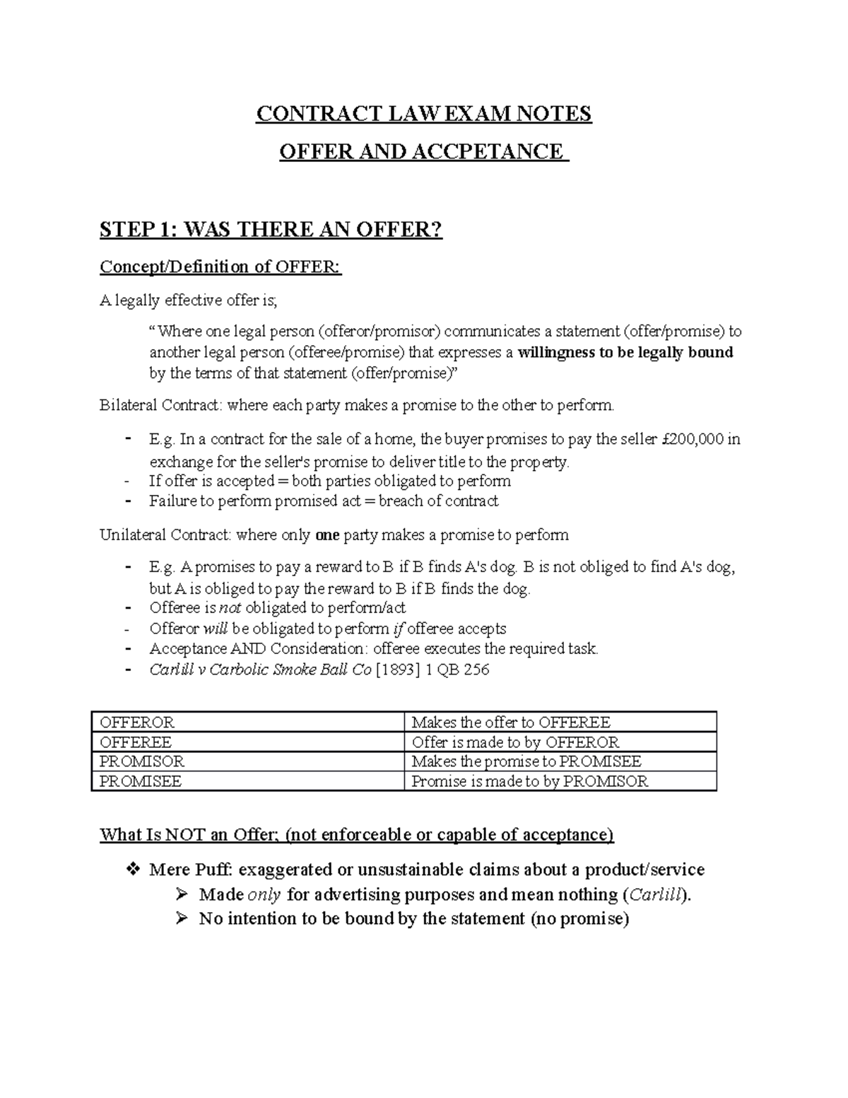 Contract Law Exam Notes CONTRACT LAW EXAM NOTES OFFER AND ACCPETANCE