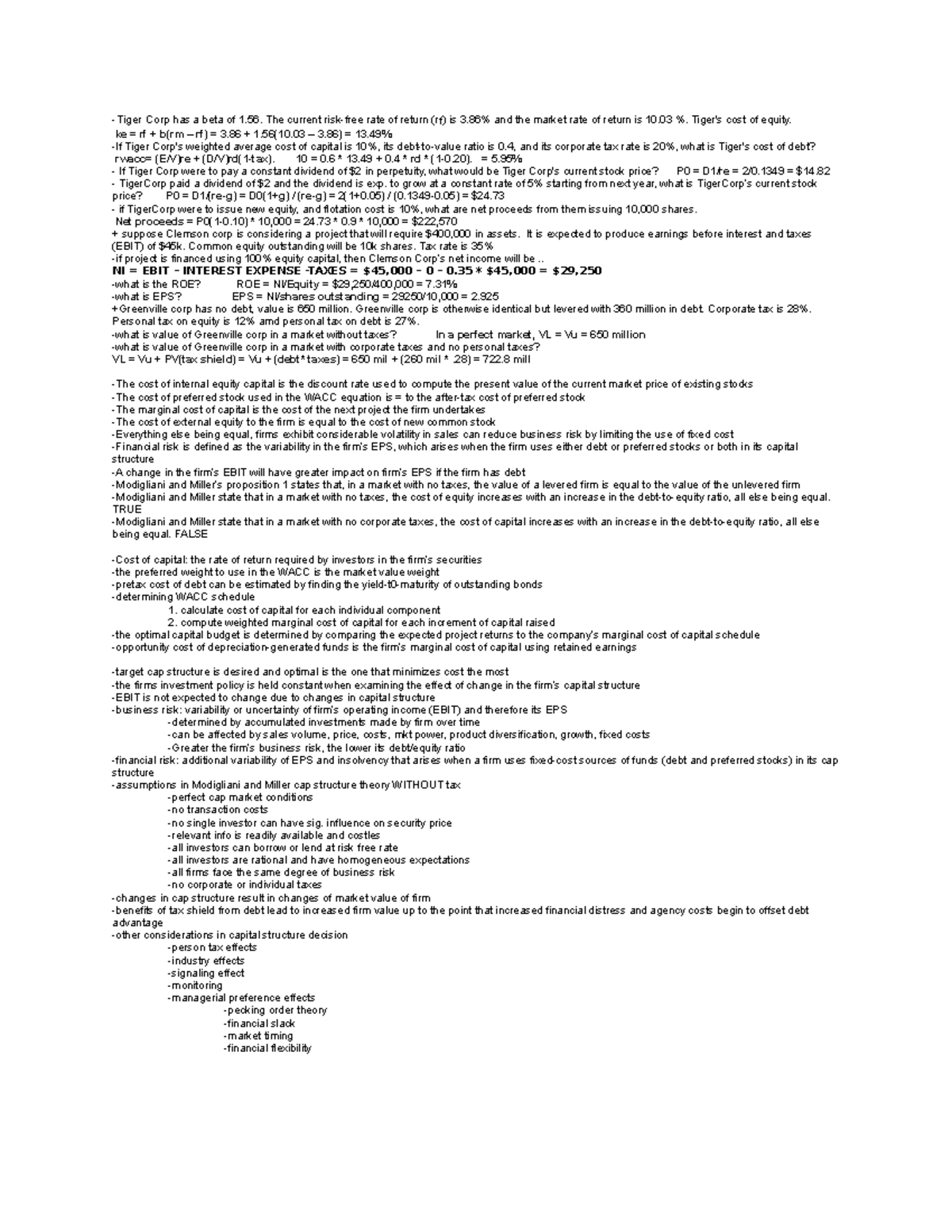 Finance test cheat sheet -Tiger Corp has a beta of 1. The current risk ...