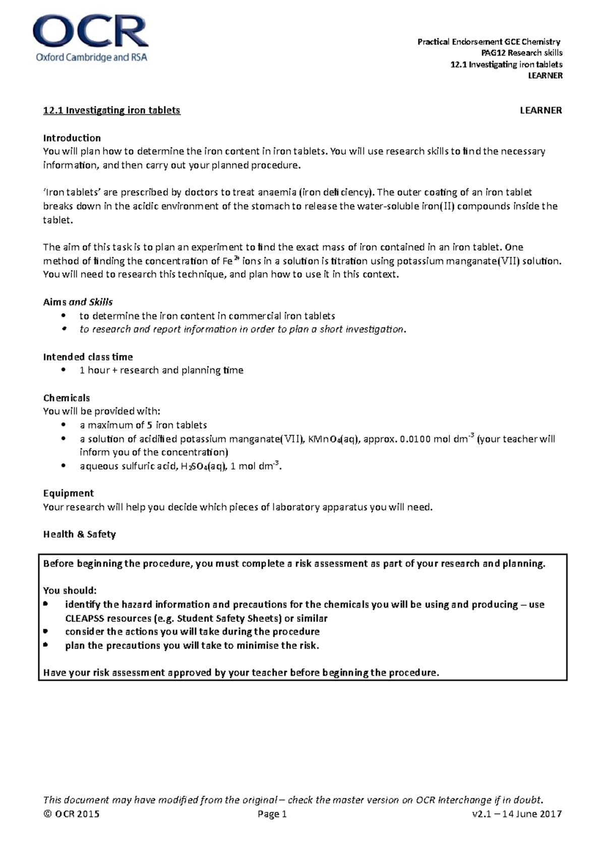 Chemistry Pag 12.1 Learner V2 - Practical Endorsement Gce Chemistry 