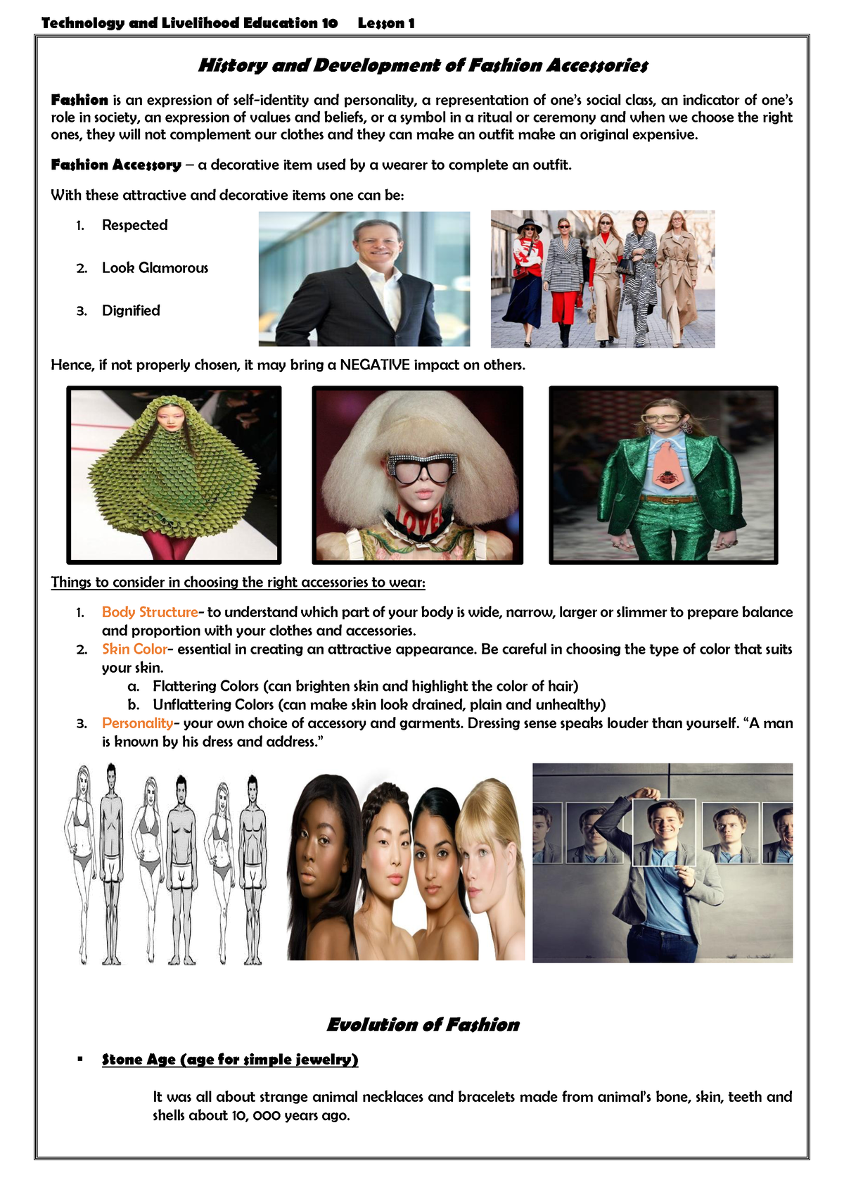 History and Development of Fashion Accessories (Handout) - History and Development of Fashion 