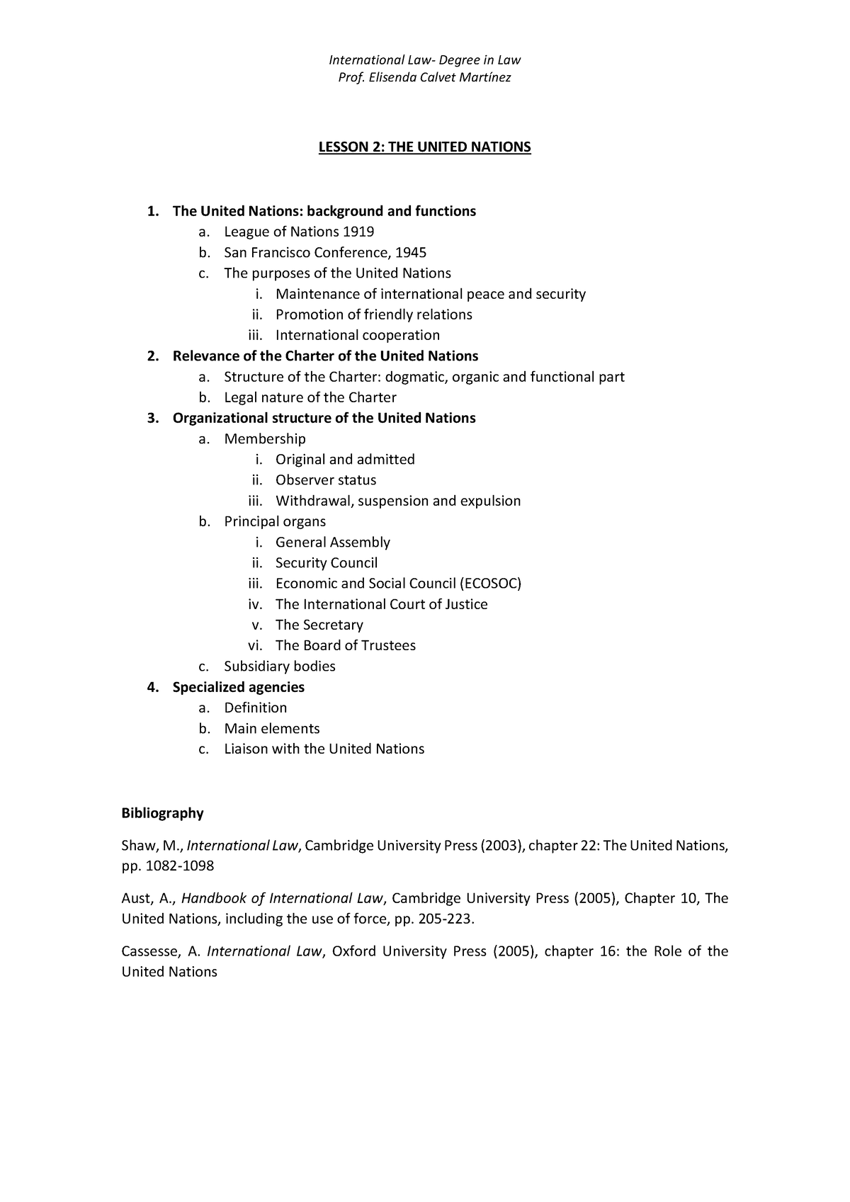 IL Lesson 2 scheme - International Law- Degree in Law Prof. Elisenda ...