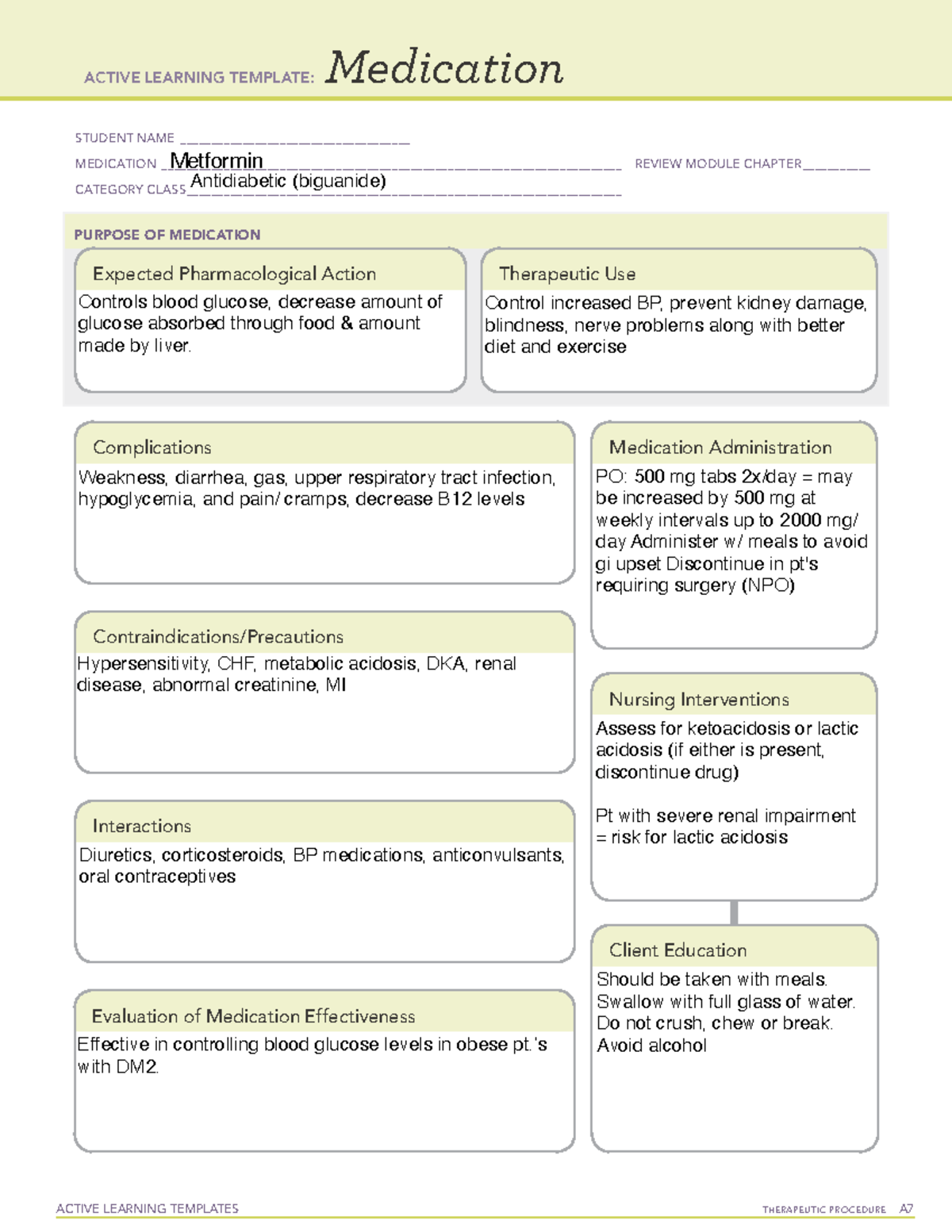 Metformin ACTIVE LEARNING TEMPLATES THERAPEUTIC PROCEDURE A