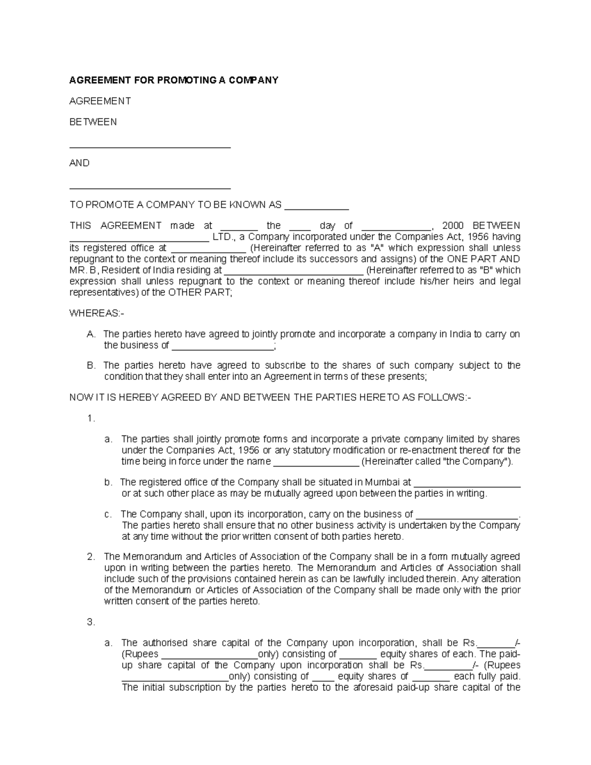 Agreement FOR Promoting A Company - AGREEMENT FOR PROMOTING A COMPANY ...
