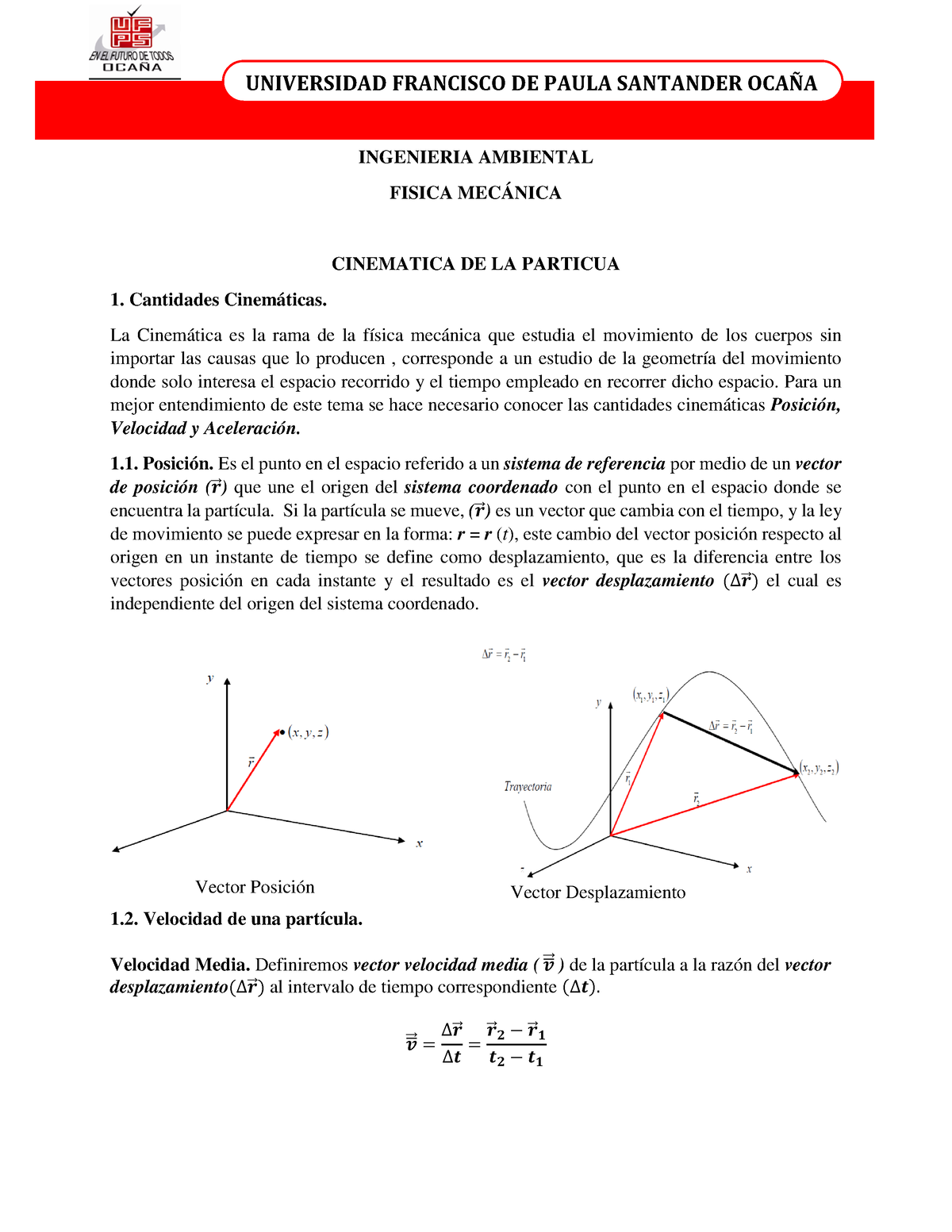 Cinematica DE LA Particula - INGENIERIA AMBIENTAL FISICA MECÁNICA ...