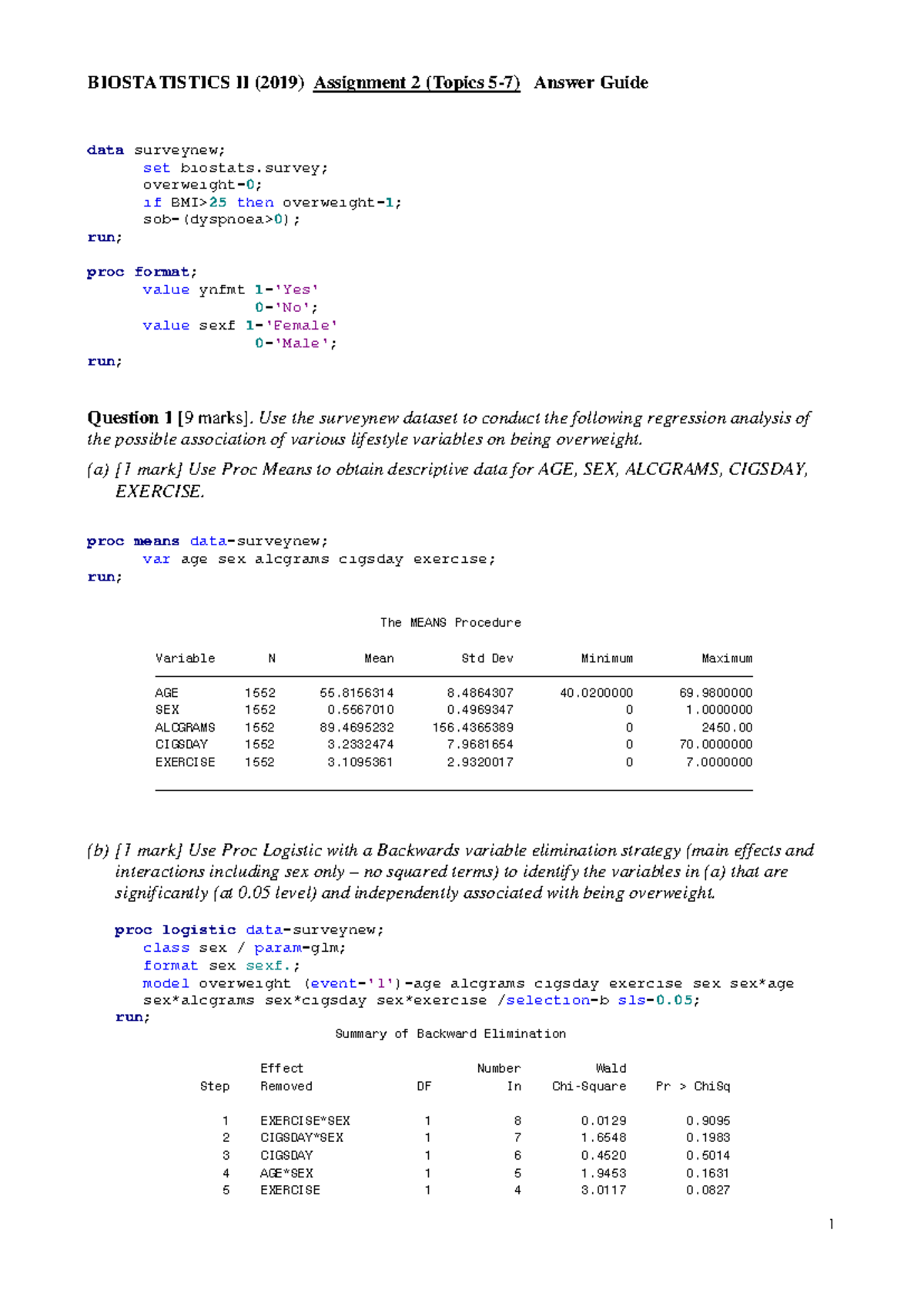 Biostats II 2019 Assignment 2 Answer Guide - 1 BIOSTATISTICS II (2019 ...