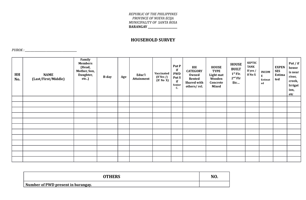 Household- Survey - None - REPUBLIC OF THE PHILIPPINES PROVINCE OF ...