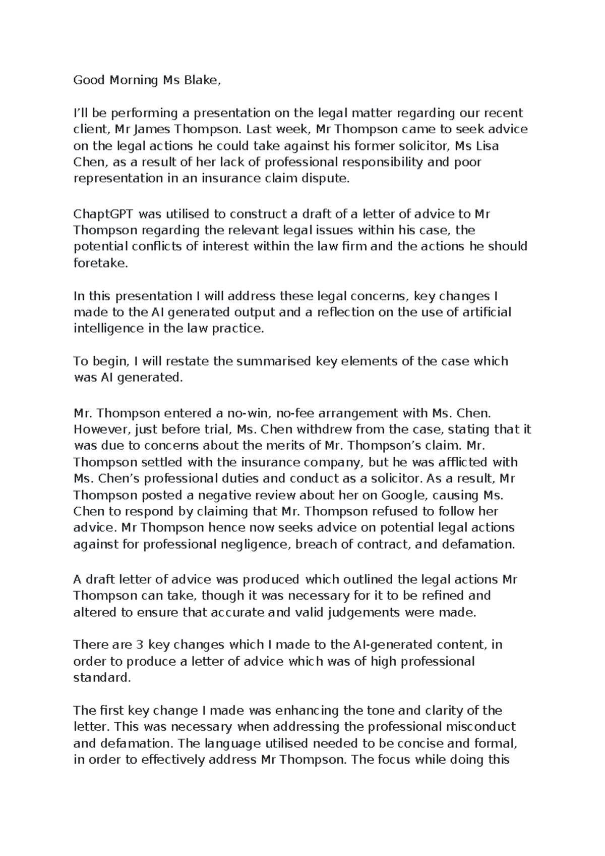 Law lawyers assignment script - Good Morning Ms Blake, I’ll be ...