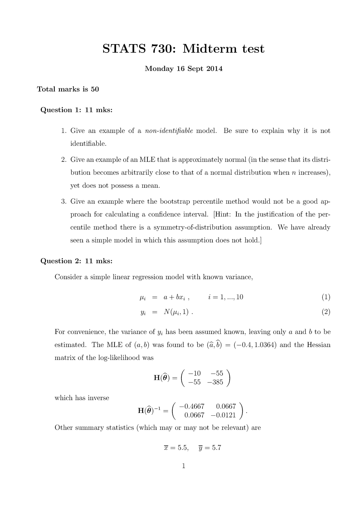 Midterm 2014, Questions - STATS 730: Midterm Test Monday 16 Sept 2014 ...