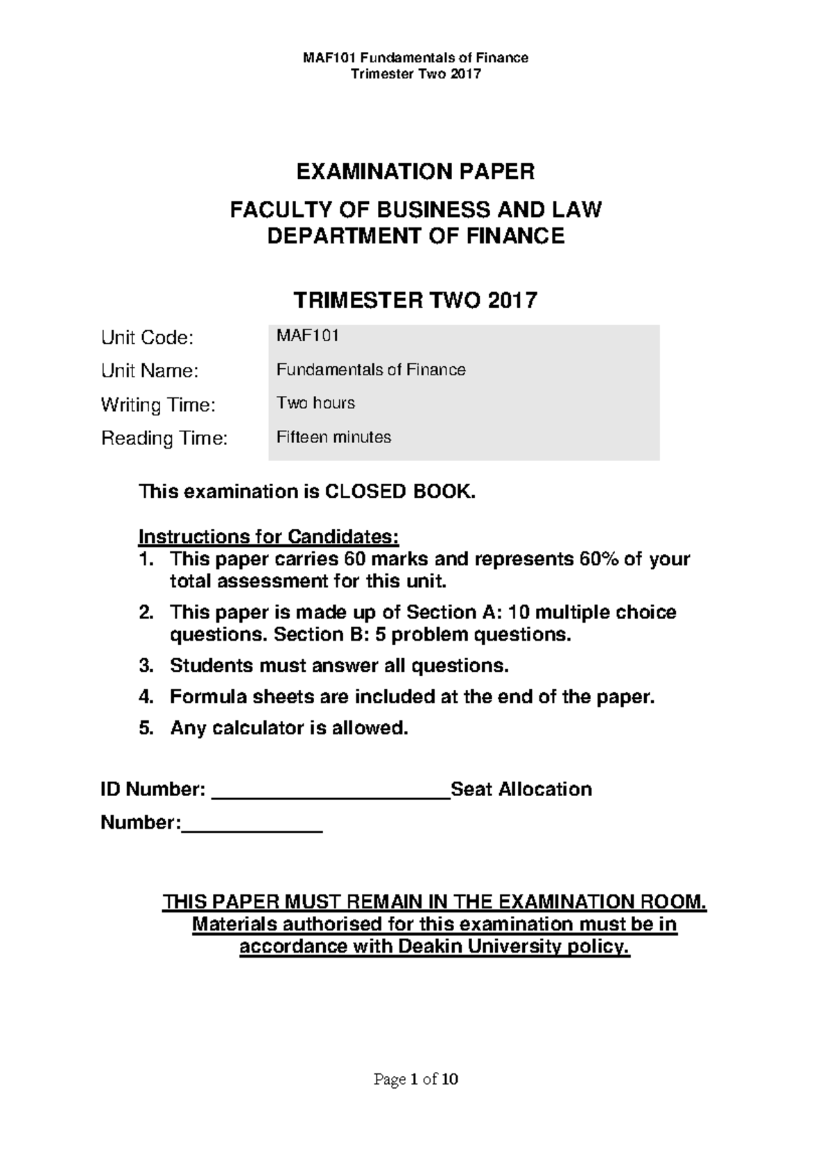 Final Exam Final 2018, questions - MAF101 Fundamentals of Finance ...