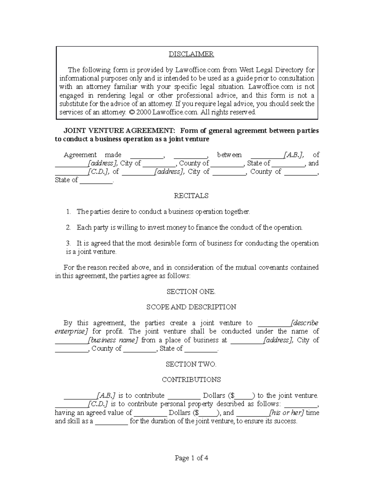 Draft Joint Venture Agreement - JOINT VENTURE AGREEMENT: Form of ...