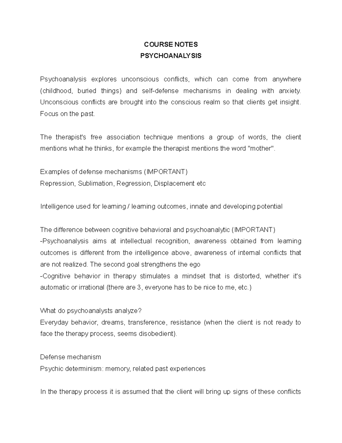 Course Notes Psychoanalysis - COURSE NOTES PSYCHOANALYSIS ...