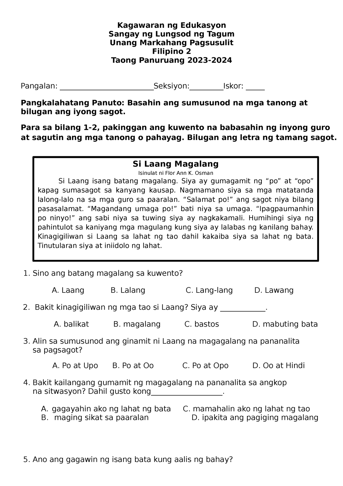 Filipino 2 Q1 Test Questions Final Kagawaran Ng Edukasyon Sangay Ng Lungsod Ng Tagum Unang 6525