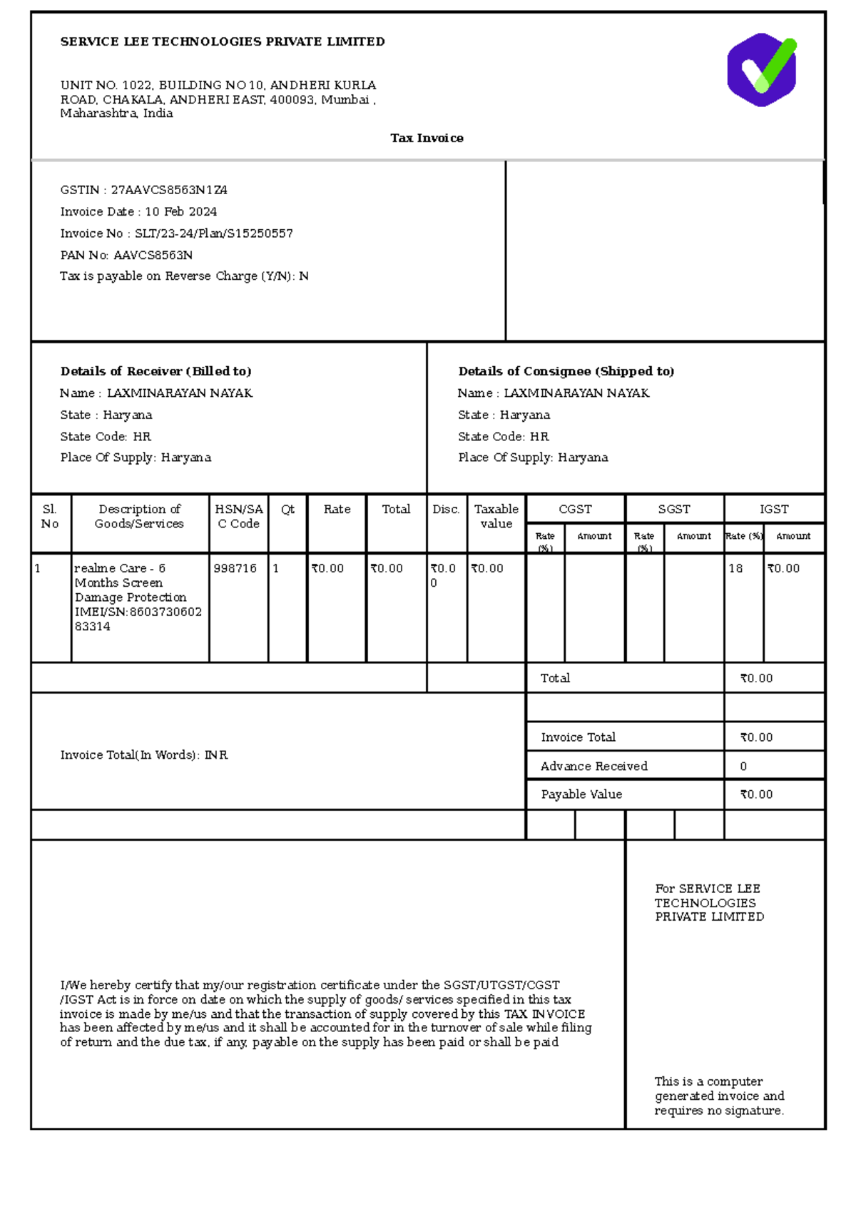 Invoice Document - Hello - SERVICE LEE TECHNOLOGIES PRIVATE LIMITED ...