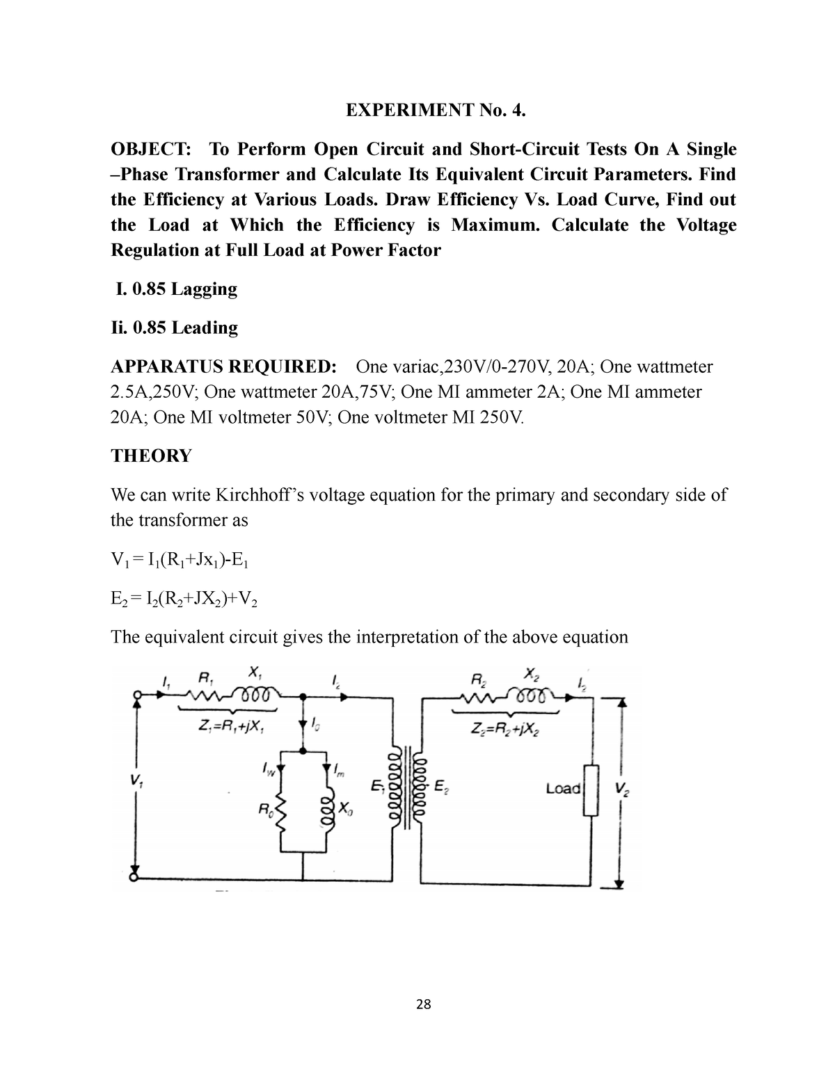 Electrical Science Lab Manual - EXPERIMENT No. 4. OBJECT: To Perform ...