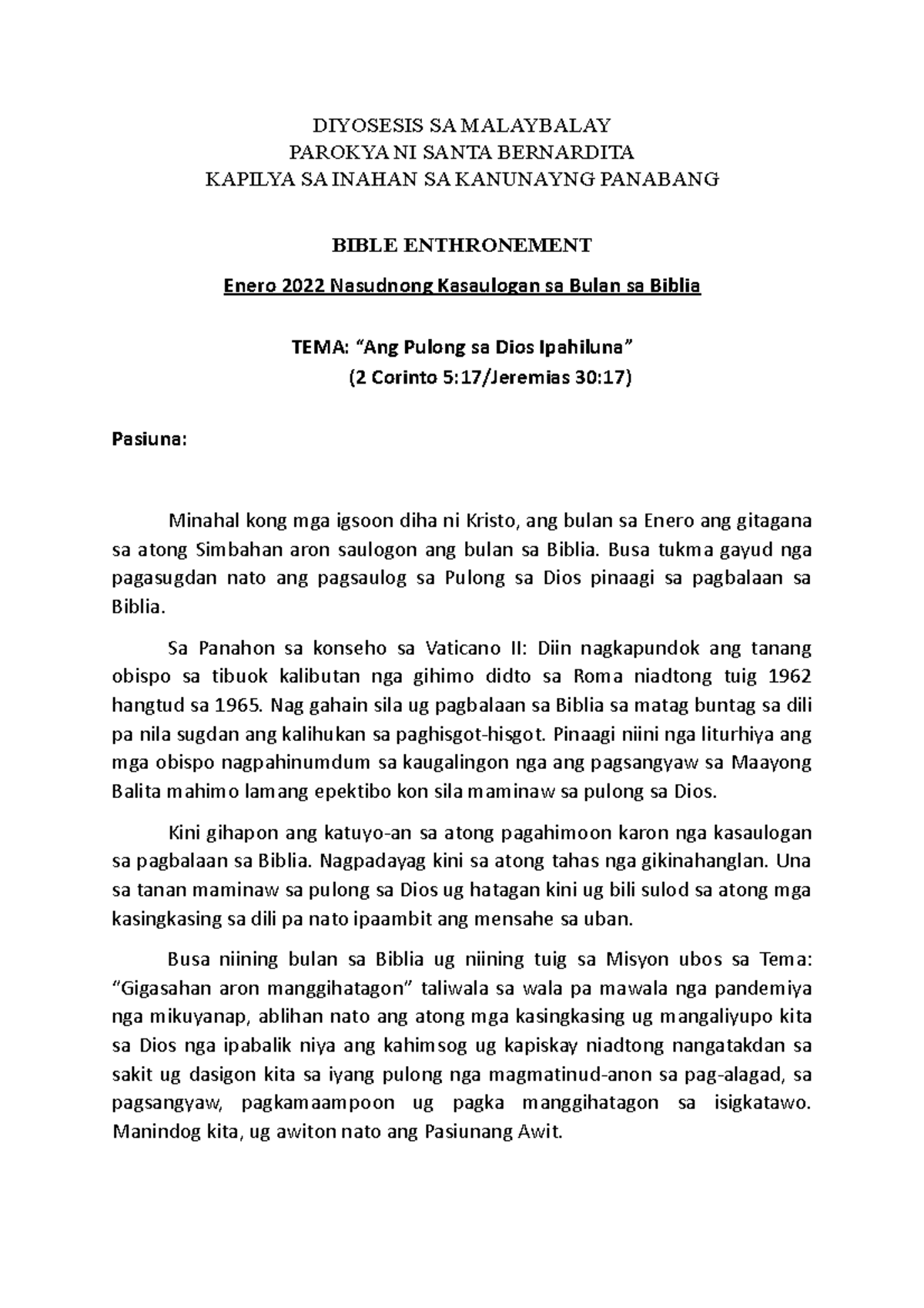 Bible Enthronement Vernacular - DIYOSESIS SA MALAYBALAY PAROKYA NI ...