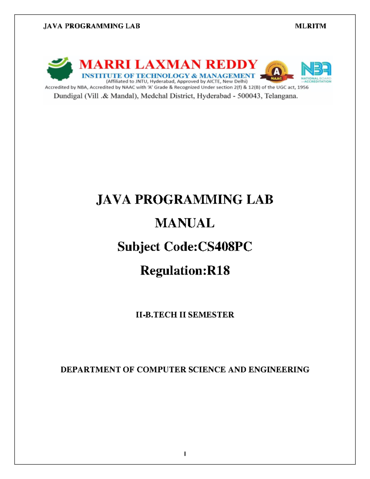 JAVA Programming LAB Manual - JAVA PROGRAMMING LAB MANUAL Subject Code ...