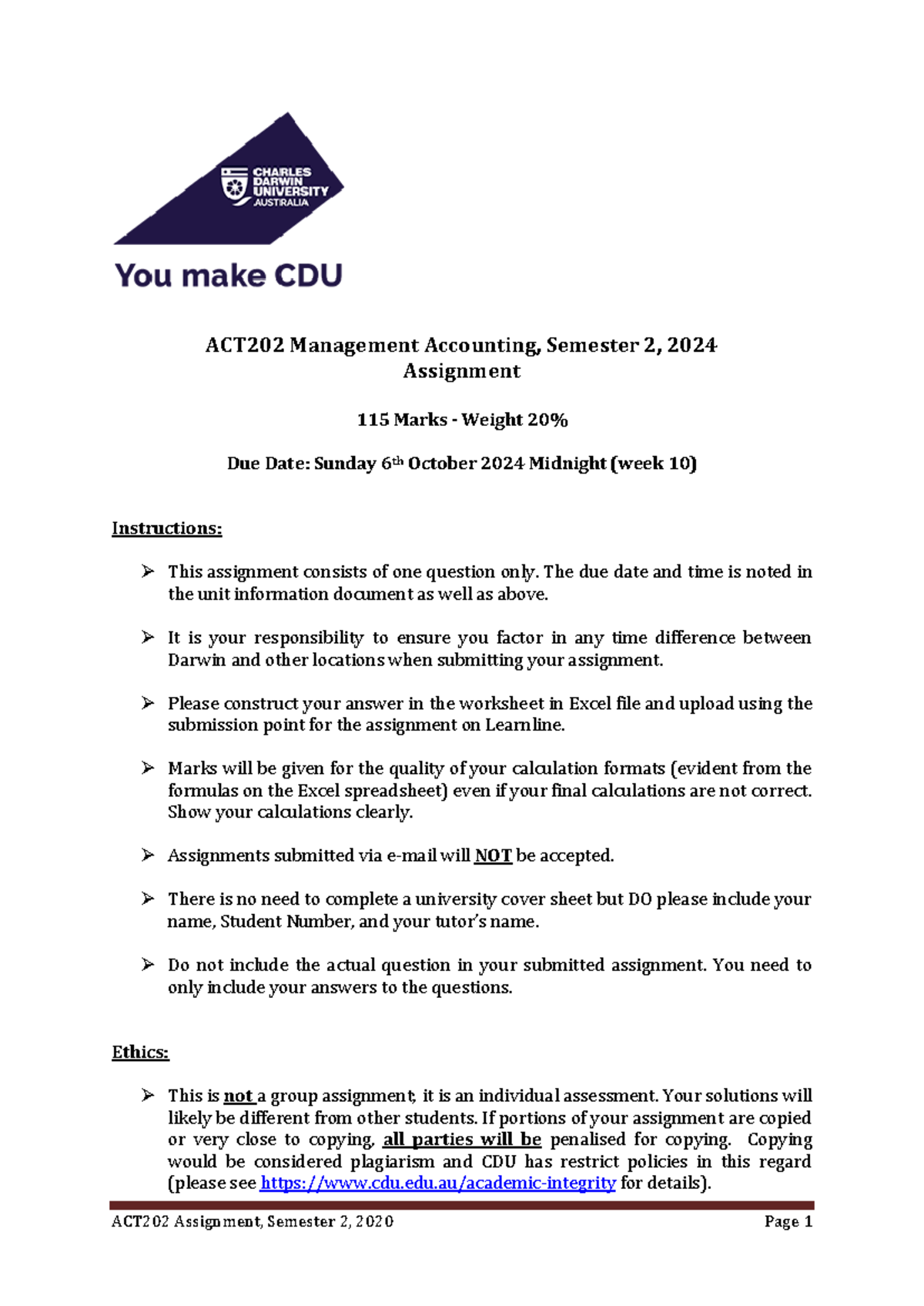 ACT202 Assignment S2 2024 - ACT 2 02 Management Accounting, Semester 2 ...