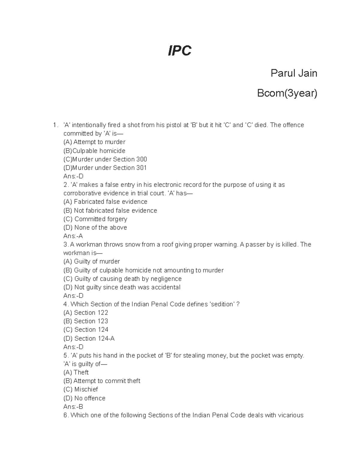 IPC - ipc notes - IPC Parul Jain Bcom(3year) ‘A’ intentionally fired a ...