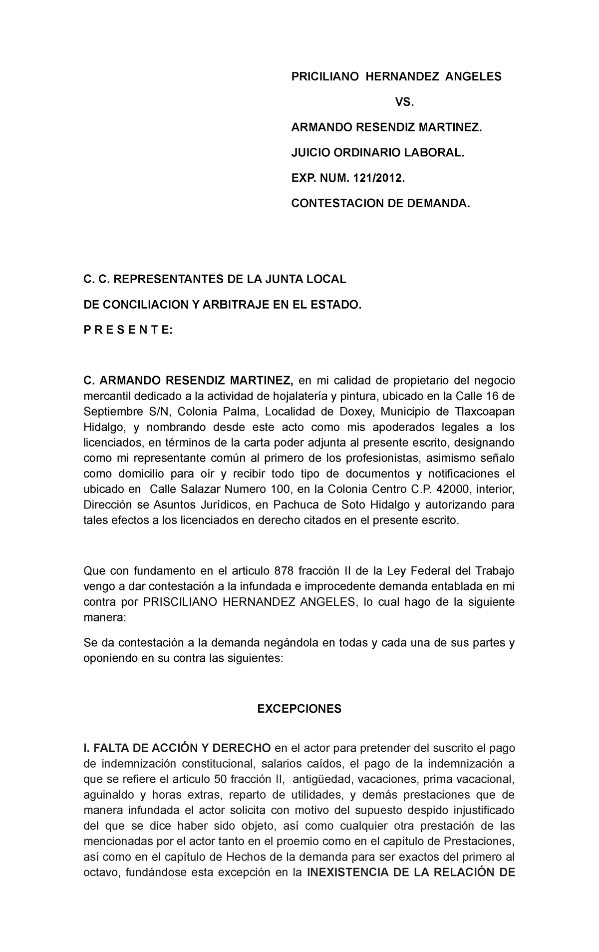 Contestacion Demanda Laboral - Der1102 - UNAM - StuDocu