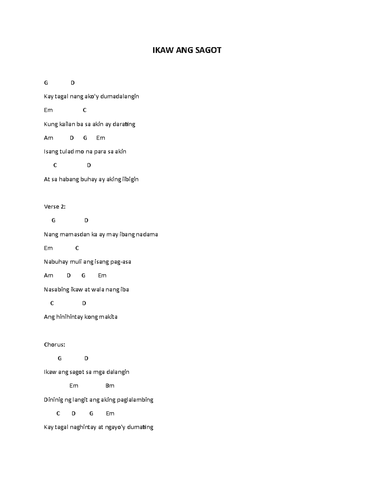 IKAW ANG Sagot - song chords - IKAW ANG SAGOT G D Kay tagal nang ako'y ...