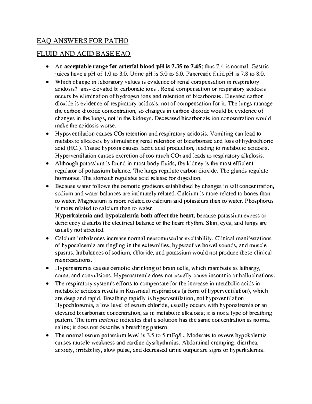 EAQ Fluid AND Electrolytes EAQ ANSWERS FOR PATHO FLUID AND ACID BASE EAQ An acceptable range