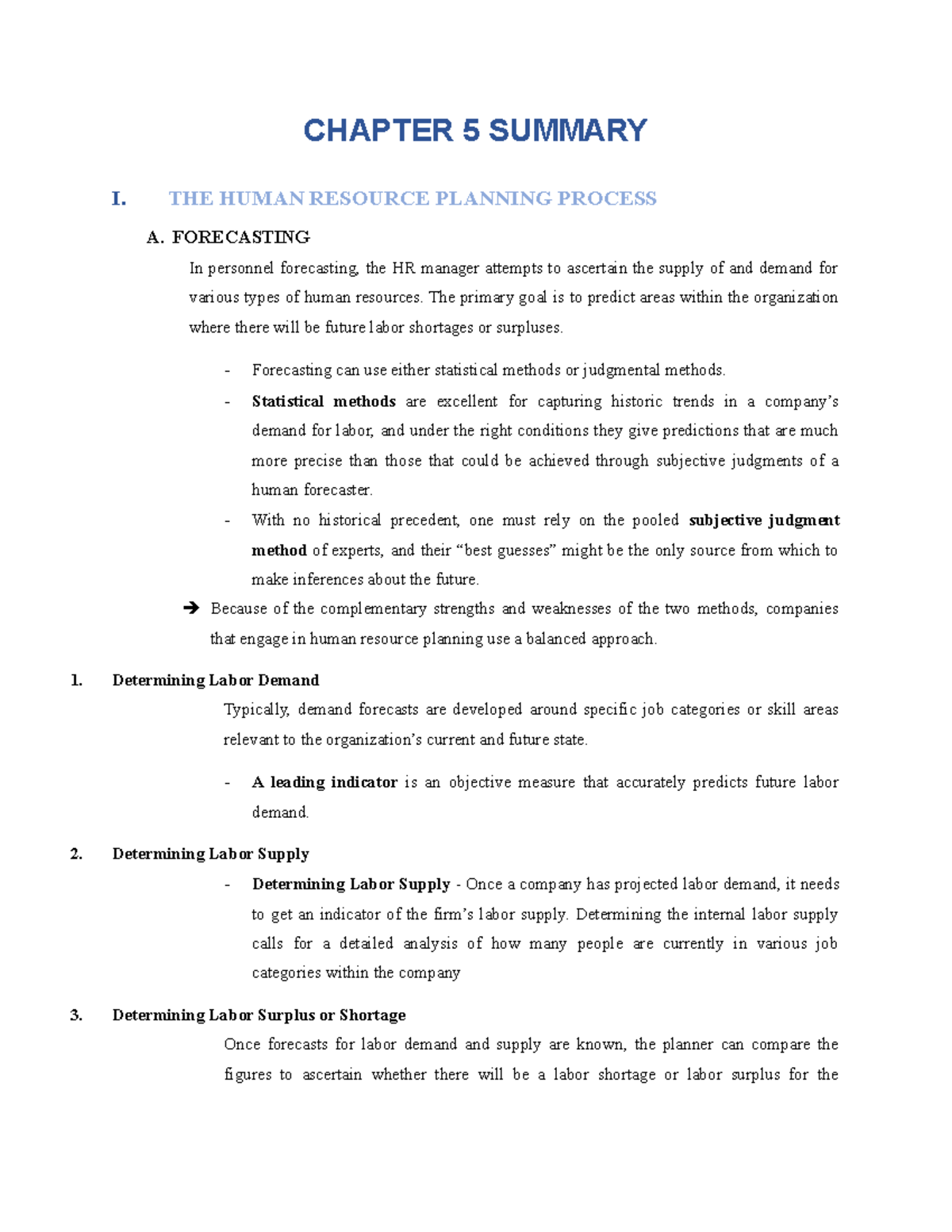 Chap 5 hrm - CHAPTER 5 SUMMARY I. THE HUMAN RESOURCE PLANNING PROCESS A ...