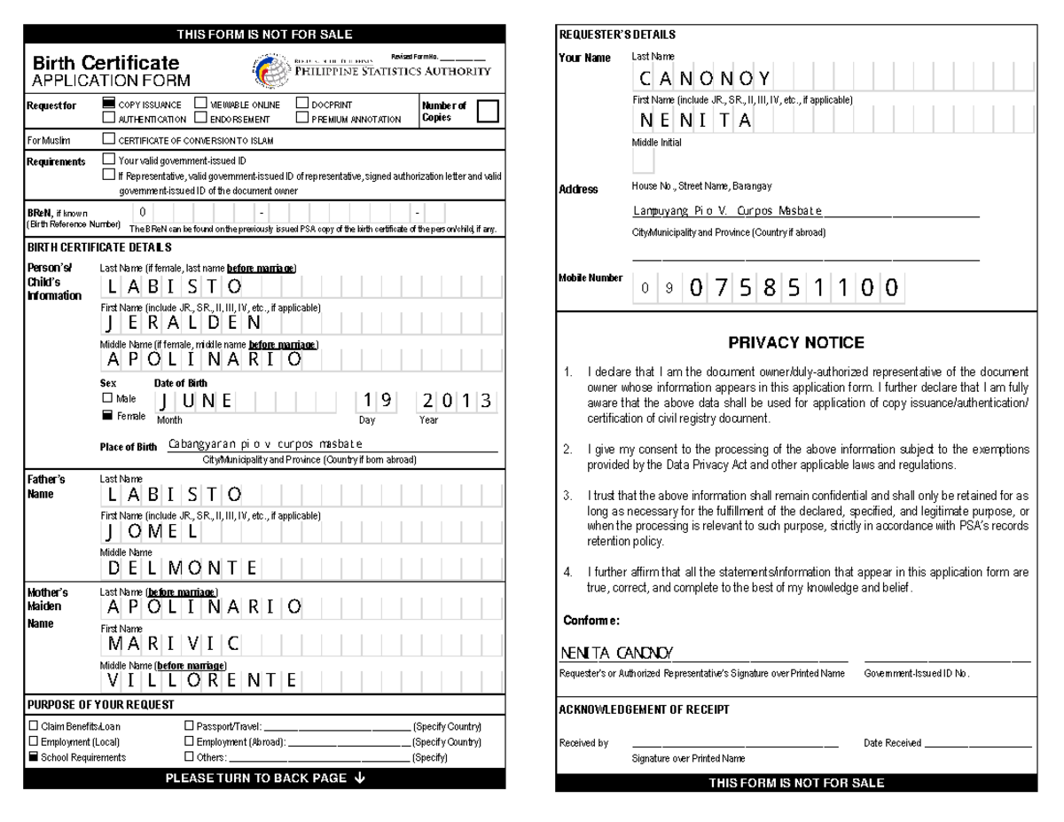 Birth-editable - PSA form - THIS FORM IS NOT FOR SALE Birth Certificate ...