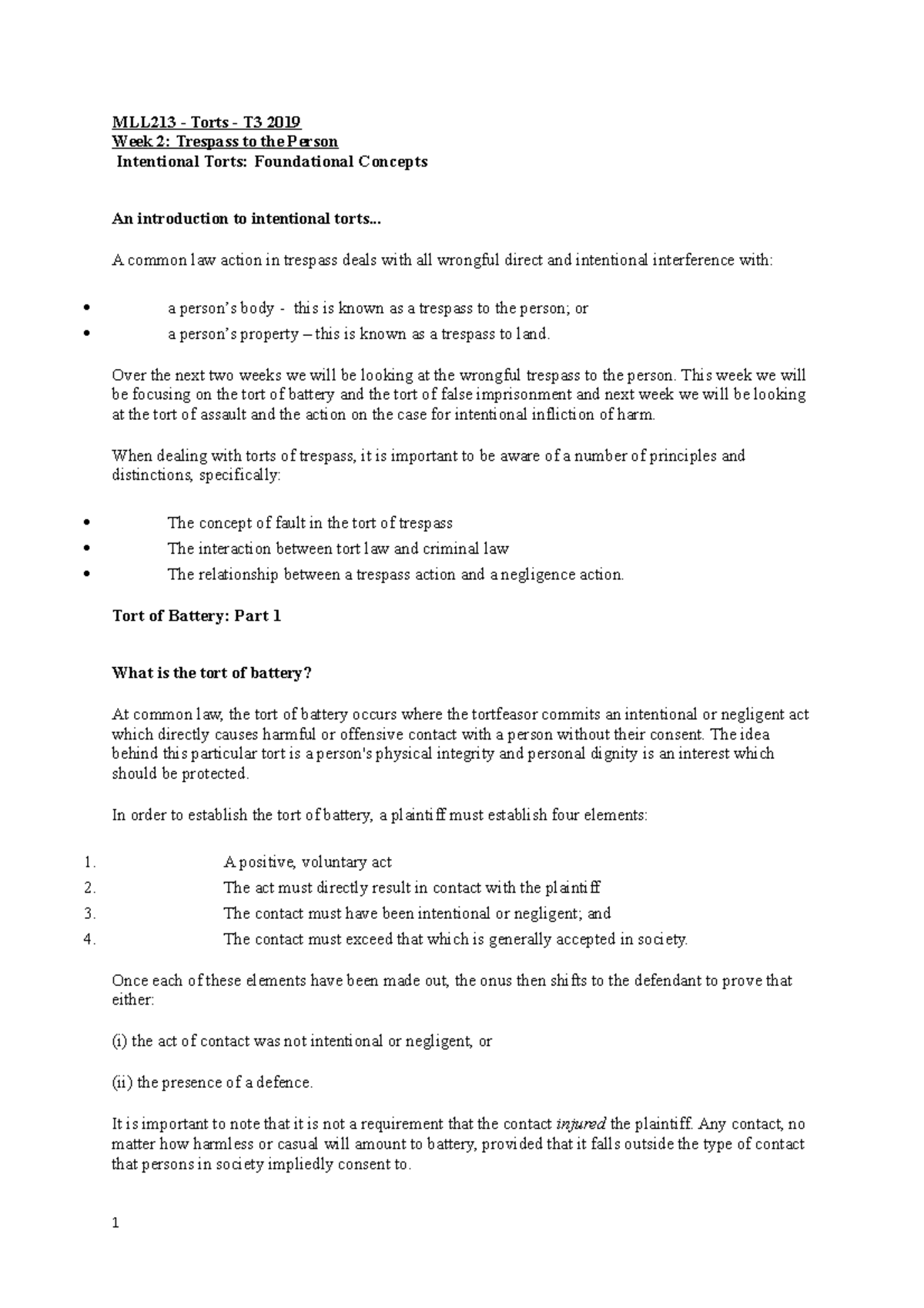 MLL213 - Torts Week 2 Trespass to the Person - MLL213 - Torts - T3 2019 ...